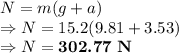 N=m(g+a)\\\Rightarrow N=15.2(9.81+3.53)\\\Rightarrow N=\boldsymbol{302.77\ \mathbf{N}}