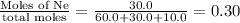 \frac{\text {Moles of Ne}}{\text {total moles}}=\frac{30.0}{60.0+30.0+10.0}=0.30