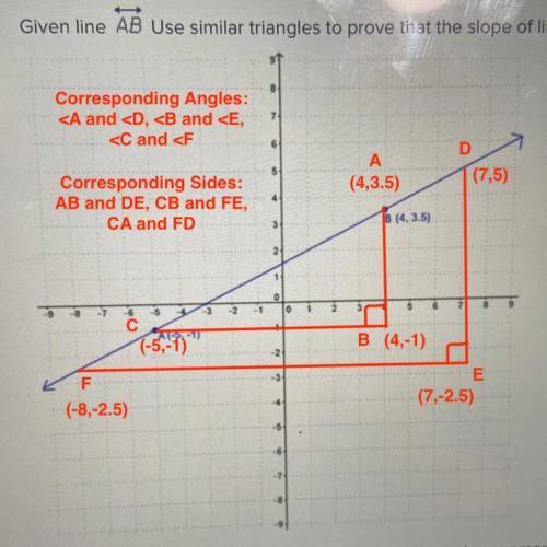HELP PLEASE

Given line AB Use similar triangles to prove that the slope AB is the same between any