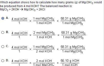 Queston

Which equation shows how to calculate how many grams (g) of KOH would
be needed to fully re
