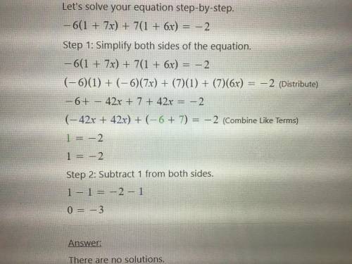 60 points (3 different questions) INEQUALITIES AND EQUALITY SOLVING

-6(1+7x)+7(1+6x)=-2 (I got no s