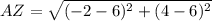AZ =\sqrt{(-2-6)^{2}+(4-6)^{2}}