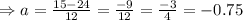 \Rightarrow a=\frac{15-24}{12}=\frac{-9}{12}=\frac{-3}{4}=-0.75