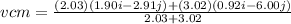 vcm=\frac{(2.03)(1.90 i - 2.91 j)+(3.02)(0.92 i -6.00 j) }{2.03+3.02}