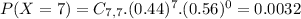 P(X = 7) = C_{7,7}.(0.44)^{7}.(0.56)^{0} = 0.0032