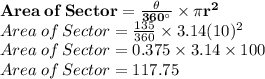 \mathbf{Area\:of\:Sector=\frac{\theta}{360^{\circ}}\times \pi r^2}\\Area\:of\:Sector=\frac{135}{360}\times 3.14 (10)^2\\Area\:of\:Sector=0.375 \times 3.14 \times 100\\Area\:of\:Sector=117.75