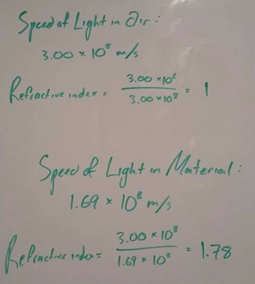 What is the index of refraction of a material in which the speed of light is 1.69 × 108 m/s?