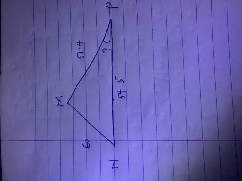 In triangle MNP, side m is 54.5 inches, side n is 51.4 inches, and side p is 60 inches long. What is