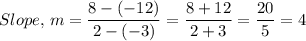 Slope, \, m =\dfrac{8-(-12)}{2-(-3)} = \dfrac{8 + 12}{2 + 3} =\dfrac{20}{5}  = 4