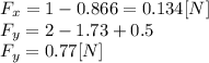 F_{x}=1-0.866=0.134[N]\\F_{y}=2-1.73+0.5\\F_{y}=0.77[N]
