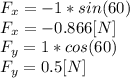 F_{x}=-1*sin(60)\\F_{x}=-0.866[N]\\F_{y}=1*cos(60)\\F_{y}=0.5 [N]