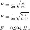 F = \frac{1}{2\pi } \sqrt{\frac{k}{m} } \\\\F = \frac{1}{2\pi } \sqrt{\frac{9.75}{0.25} } \\\\F = 0.994 \ Hz
