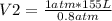 V2=\frac{1 atm*155 L}{0.8 atm}