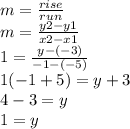 m =  \frac{rise}{run} \\m =  \frac{y2 - y1}{x2 - x1}  \\ 1 =  \frac{y - ( - 3)}{ - 1 - ( - 5)}  \\ 1( - 1 + 5) = y + 3 \\ 4 - 3 = y \\ 1 = y