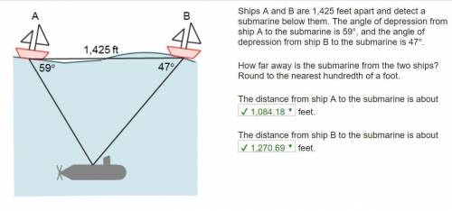 Ships a and b or 1425 feet apart and detect a submarine below them