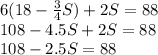 6(18-\frac{3}{4}S)+2S=88\\108-4.5S+2S=88\\108-2.5S=88