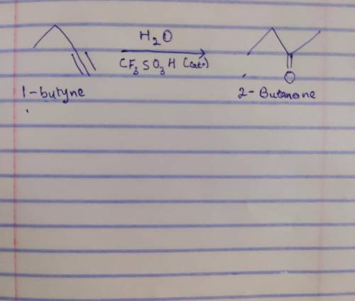 Draw the major product for the reaction of 1-butyne with water in the presence of catalytic TfOH (i.