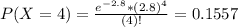 P(X = 4) = \frac{e^{-2.8}*(2.8)^{4}}{(4)!} = 0.1557