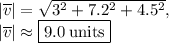 | \overline{v}|=\sqrt{3^2+7.2^2+4.5^2},\\| \overline{v}| \approx \fbox{$9.0\:\mathrm{units}$}
