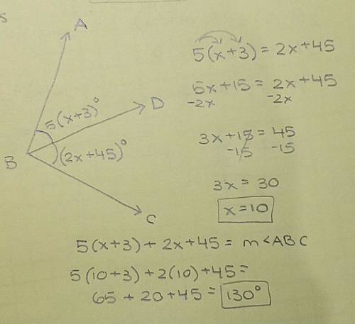 Given that ∠abc is bisected by bd→, m∠abd = 5(x + 3)°, and m∠dbc = (2x + 45)°, find x and m∠abc.