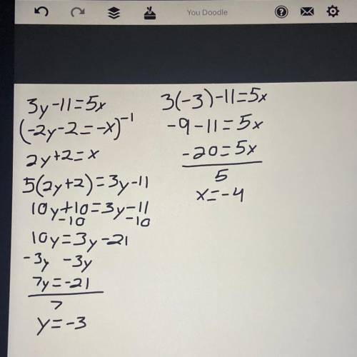 -5x + 3y = 11 and x - 2y = 2 How would I solve by substitution?