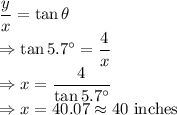 \dfrac{y}{x}=\tan\theta\\\Rightarrow \tan5.7^{\circ}=\dfrac{4}{x}\\\Rightarrow x=\dfrac{4}{\tan5.7^{\circ}}\\\Rightarrow x=40.07\approx 40\ \text{inches}