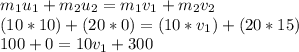 m_1u_1+m_2u_2=m_1v_1+m_2v_2\\(10*10) + (20*0) = (10*v_1)+(20*15)\\100+0=10v_1+300