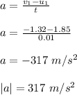 a = \frac{v_1 - u_1}{t} \\\\a = \frac{-1.32 - 1.85}{0.01} \\\\a = -317 \ m/s^2\\\\|a| = 317 \ m/s^2
