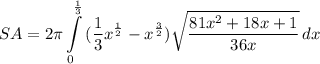\displaystyle SA = 2\pi \int\limits^{\frac{1}{3}}_0 {(\frac{1}{3}x^{\frac{1}{2}} - x^{\frac{3}{2}}) \sqrt{\frac{81x^2+18x+1}{36x}} \, dx