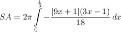 \displaystyle SA = 2\pi \int\limits^{\frac{1}{3}}_0 {-\frac{|9x + 1|(3x - 1)}{18}} \, dx