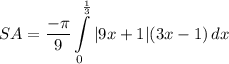 \displaystyle SA = \frac{- \pi}{9} \int\limits^{\frac{1}{3}}_0 {|9x + 1|(3x - 1)} \, dx