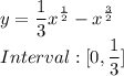 \displaystyle y = \frac{1}{3}x^{\frac{1}{2}} - x^{\frac{3}{2}}\\Interval: [0, \frac{1}{3}]