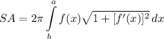 \displaystyle SA = 2\pi \int\limits^a_b {f(x) \sqrt{1+ [f'(x)]^2}} \, dx