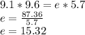 9.1*9.6=e*5.7\\e=\frac{87.36}{5.7}\\e=15.32\\