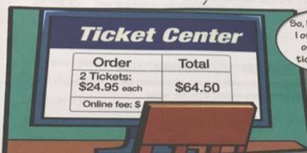 The total cost of a ticket and the online fee for one ticket is $32.25.Let f represent the cost of o