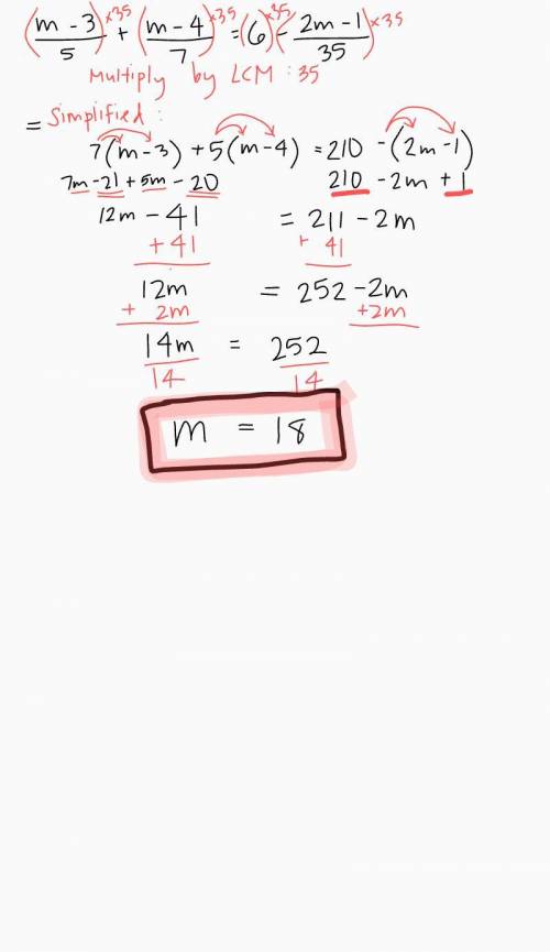 [( m - 3 ) / 5] + [(m - 4 ) / 7] = 6 - [(2m - 1) / 35]