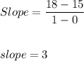 Slope=\dfrac{18-15}{1-0}\\\\\\slope=3