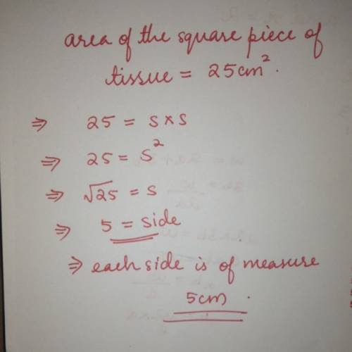 The area of a square piece of tissue paper is 25 square centimeters. how long is each side?