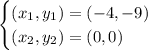 \begin{cases}(x_1, y_1) = ( - 4,  - 9) \\ (x_2, y_2) = ( 0,  0) \end{cases}