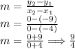 m =  \frac{y_2 - y_1}{x_2 - x_1}  \\ m =  \frac{0 - ( - 9)}{0 - ( - 4)}  \\ m =  \frac{0 + 9}{0 + 4}  \Longrightarrow  \frac{9}{4}