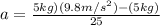 a=\frac{5kg)(9.8m/s^2)-(5kg)}{25}