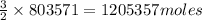 \frac{3}{2}\times 803571=1205357moles