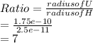 Ratio=\frac{radius of U}{radius of H} \\=\frac{1.75e-10}{2.5e-11} \\=7