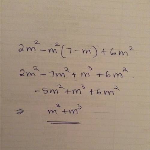 Which expression is equivalent to 2m^2-m^2(7-m)+6m^2