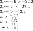3.3w - 9   - 22.2 \\ 3.3w  9 - 22.2 \\ 3.3w-13.2 \\ w   \frac{ - 13.2}{3.3}  \\ w   \frac{ - 132}{33}  \\  \boxed{w   - 4}