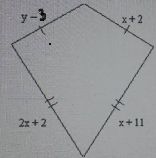3. Find the values of the variables and the lengths of the sides of this kite.

y - 3
x+2
2x+2
x+11