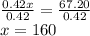 \frac{0.42x}{0.42}=\frac{67.20}{0.42}\\x=160