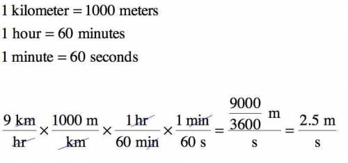 matty jogs 9 km/hr. Identify the correct conversion factor setup required to compute Matty's speed i
