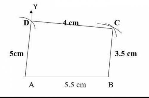 Quadrilateral ABCD with AB = 5.5cm, BC = 3.5cm, CD = 4cm, AD = 5cm, and <A = 45°.