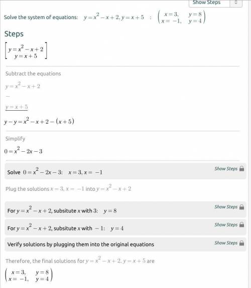 Y=x^2- x + 2, y = x + 5
Solve by substitution 
I need the work shown please